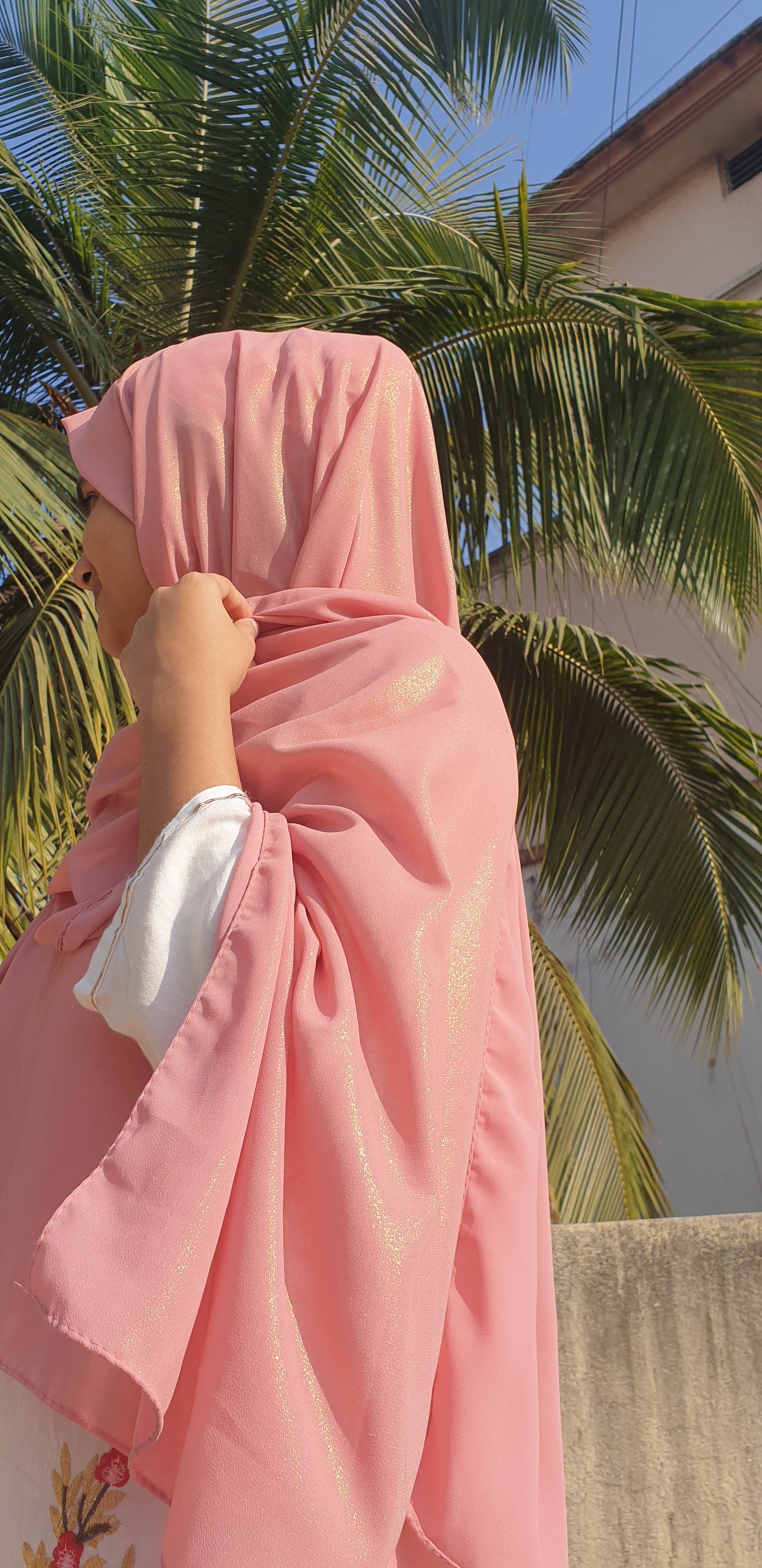 Pink Rose Shimmer Georgette Hijab | Tawazau