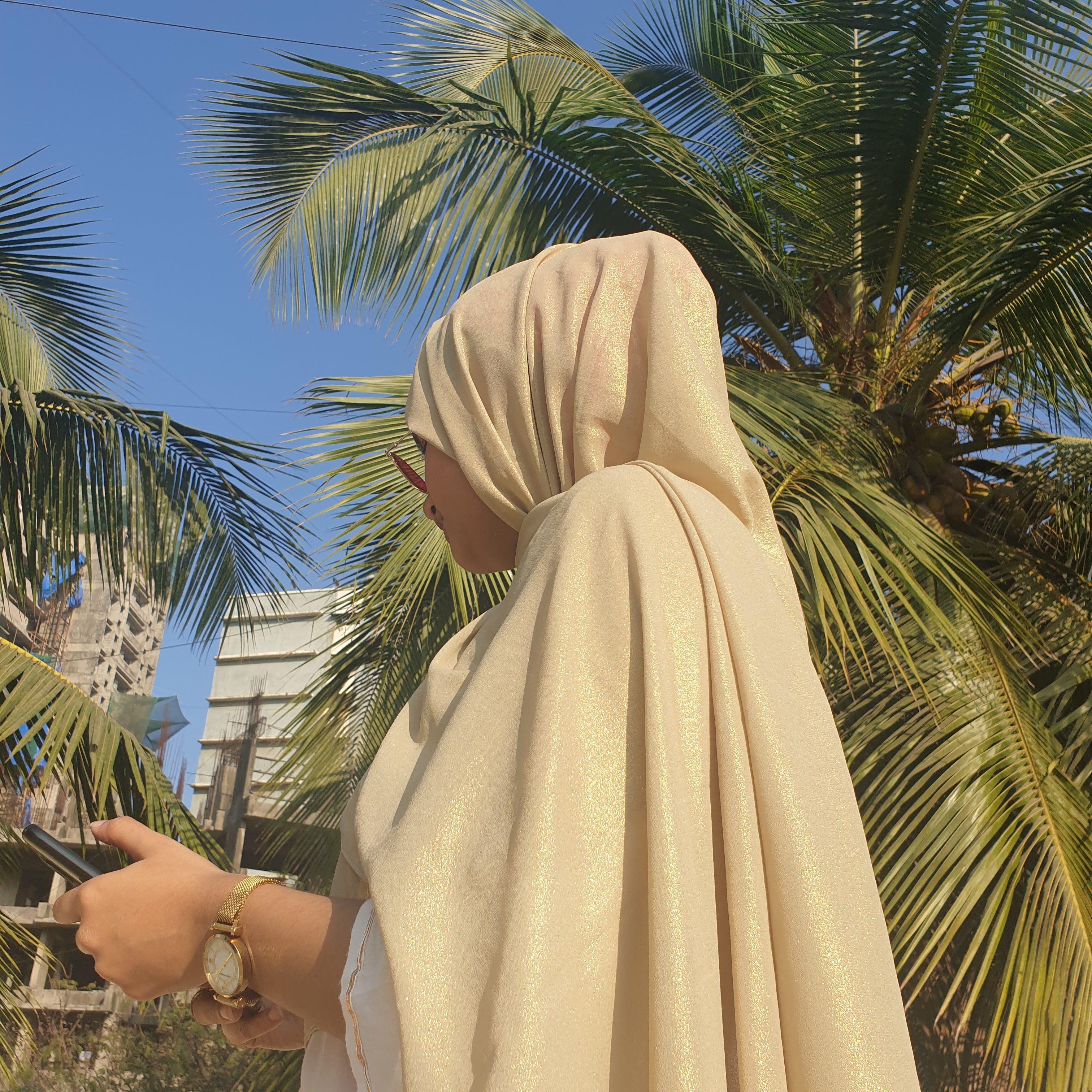 Cream Shimmer Georgette Hijab | Tawazau