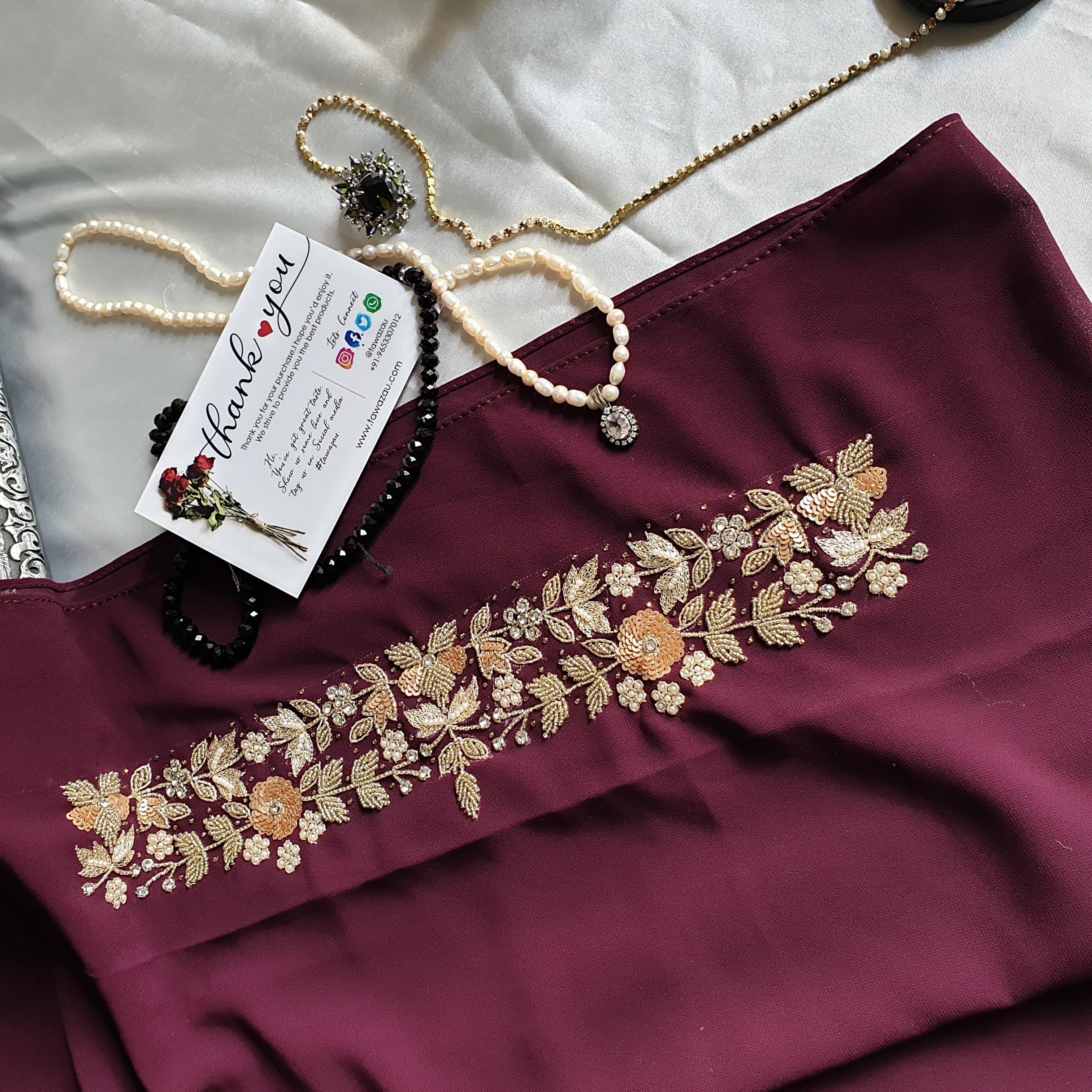 Luxury Wine Embroidered Georgette Hijab | Tawazau