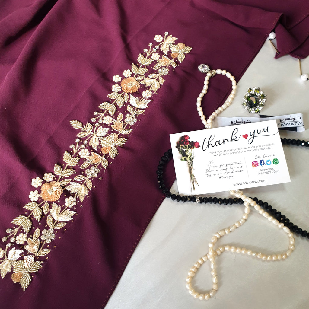 Luxury Wine Embroidered Georgette Hijab | Tawazau