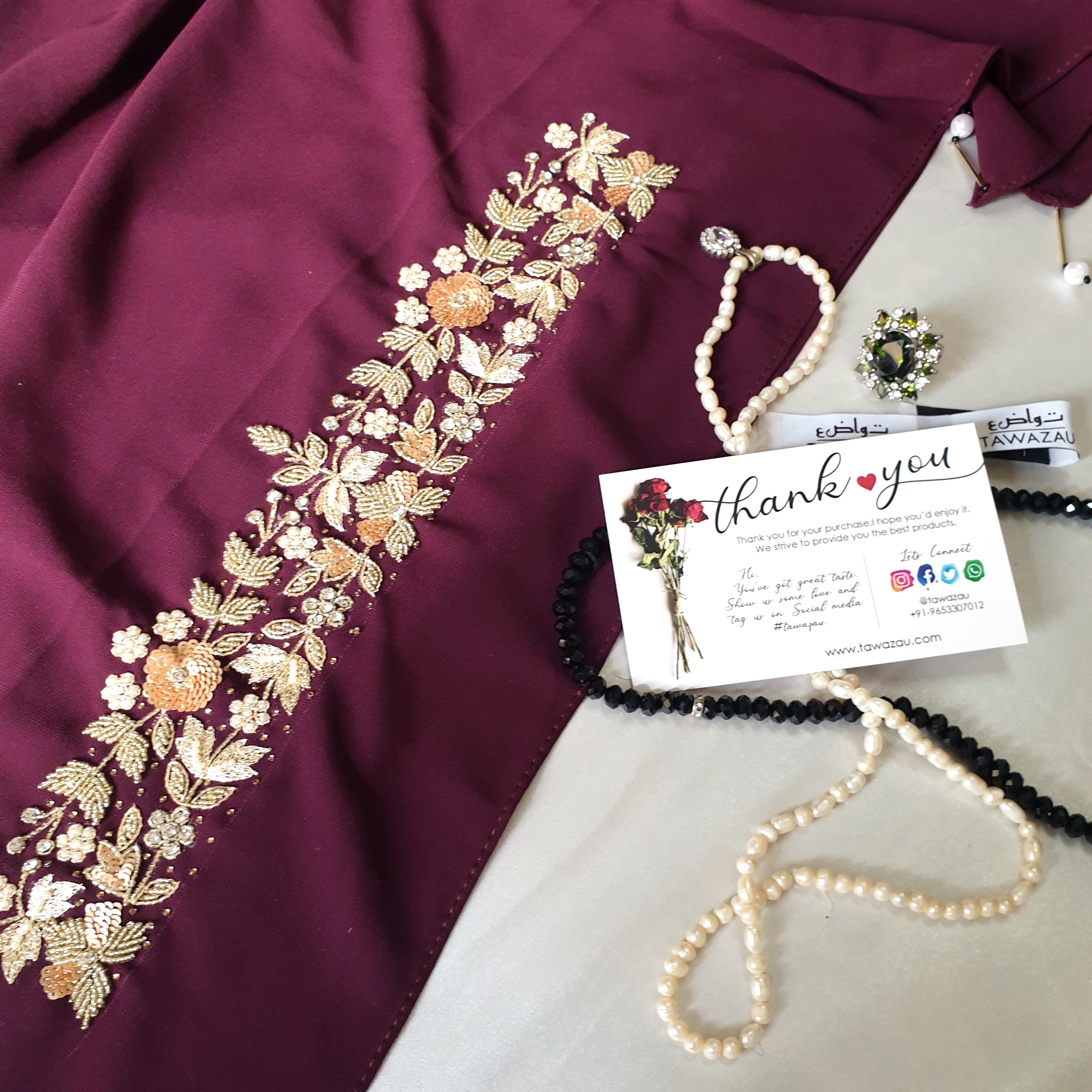 Luxury Wine Embroidered Georgette Hijab | Tawazau