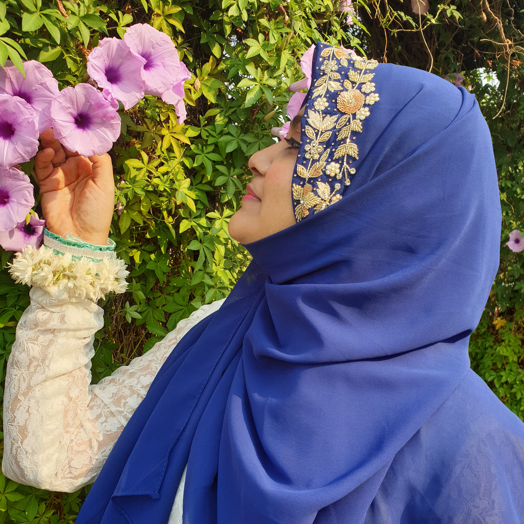 Royal Blue Embroidered Hijab | Tawazau