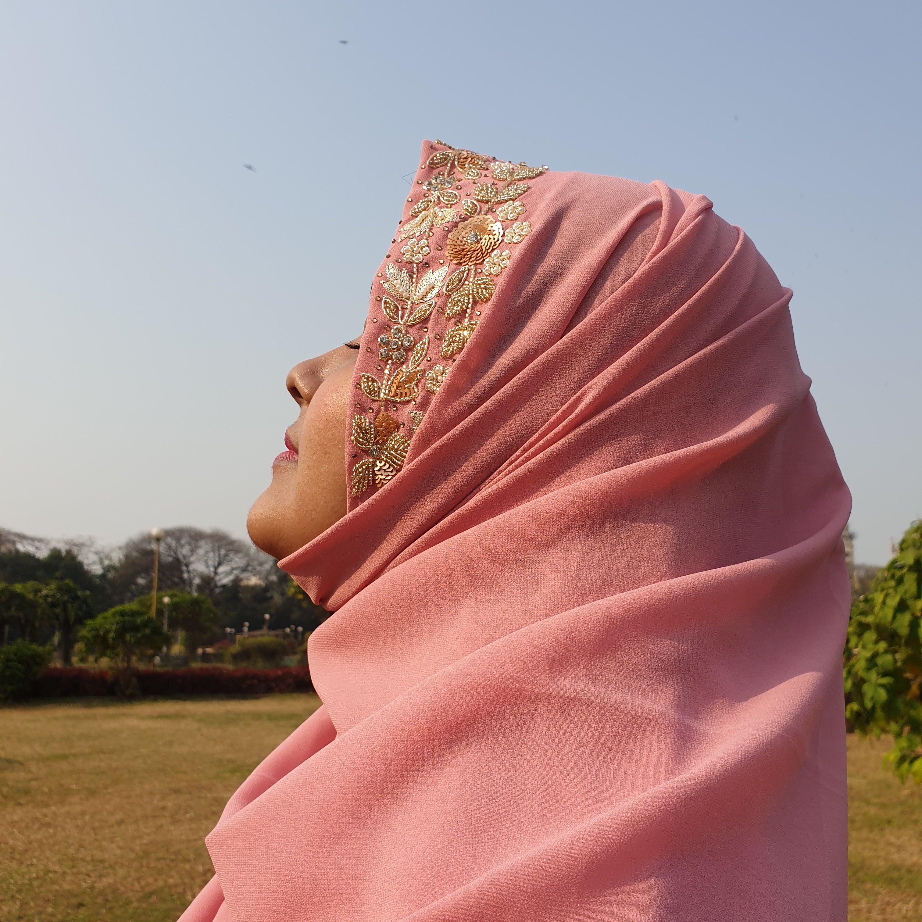 Blush Pink Floral Embroidered Hijab | Tawazau