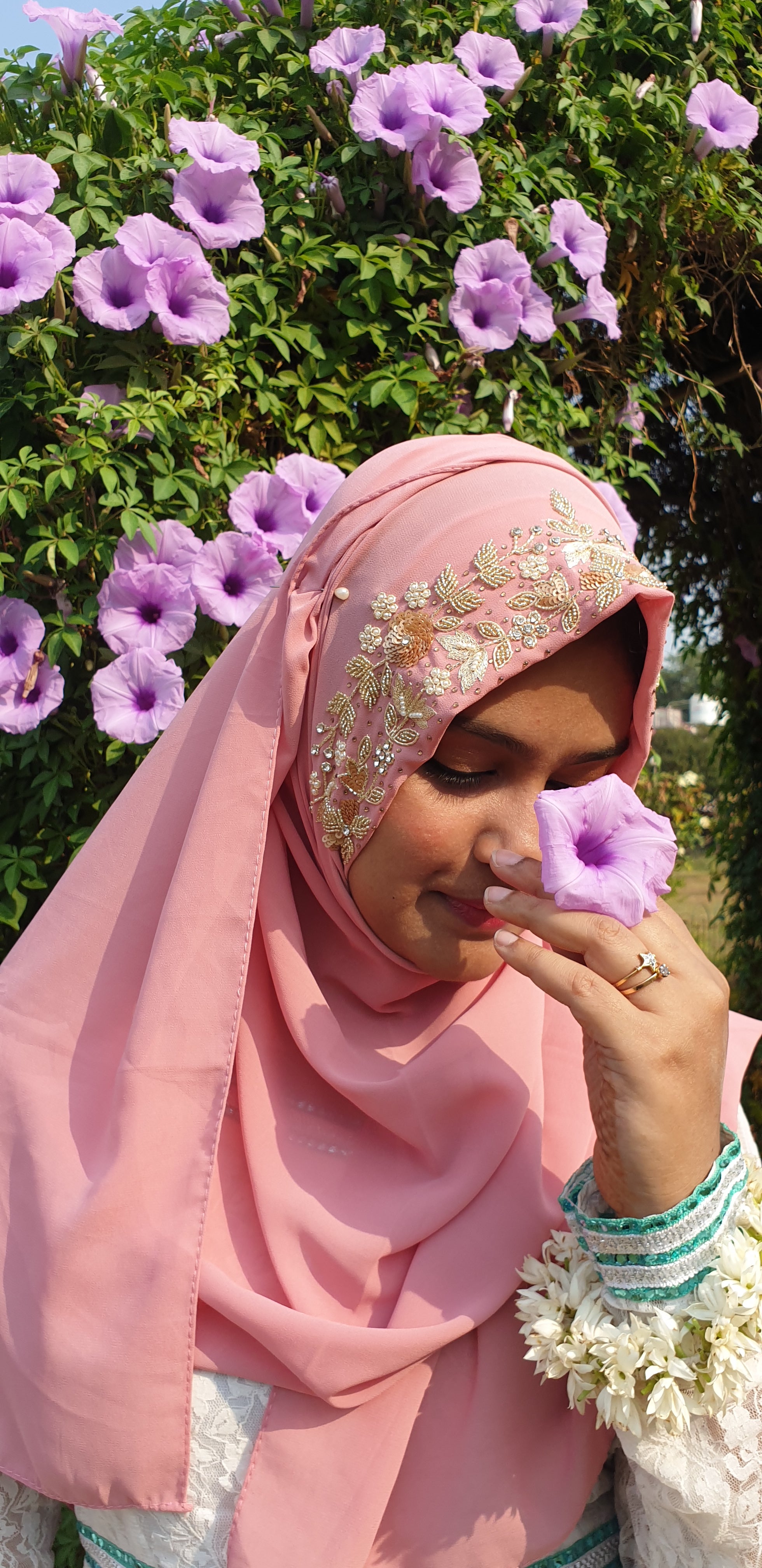 Blush Pink Floral Embroidered Hijab | Tawazau