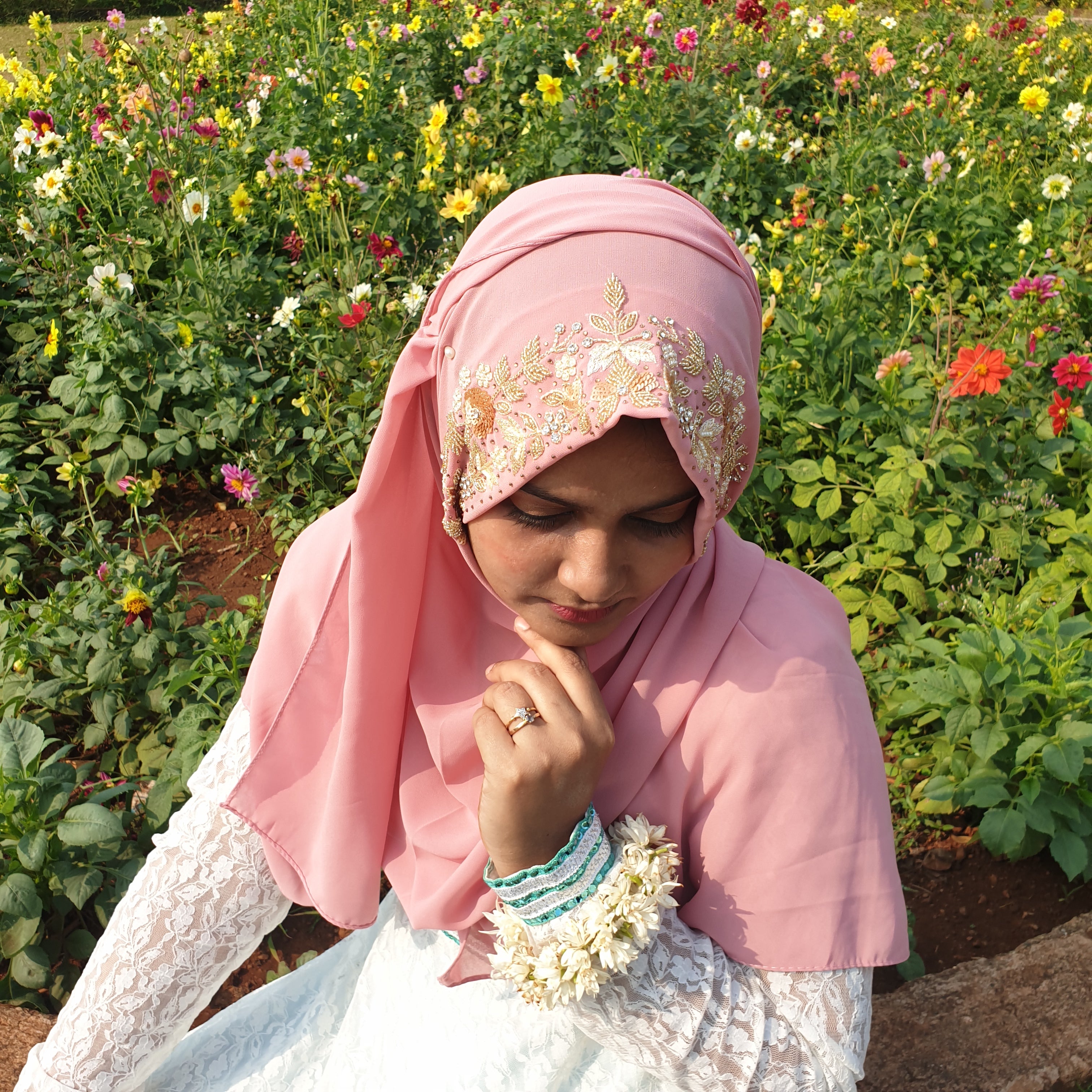 Blush Pink Floral Embroidered Hijab | Tawazau