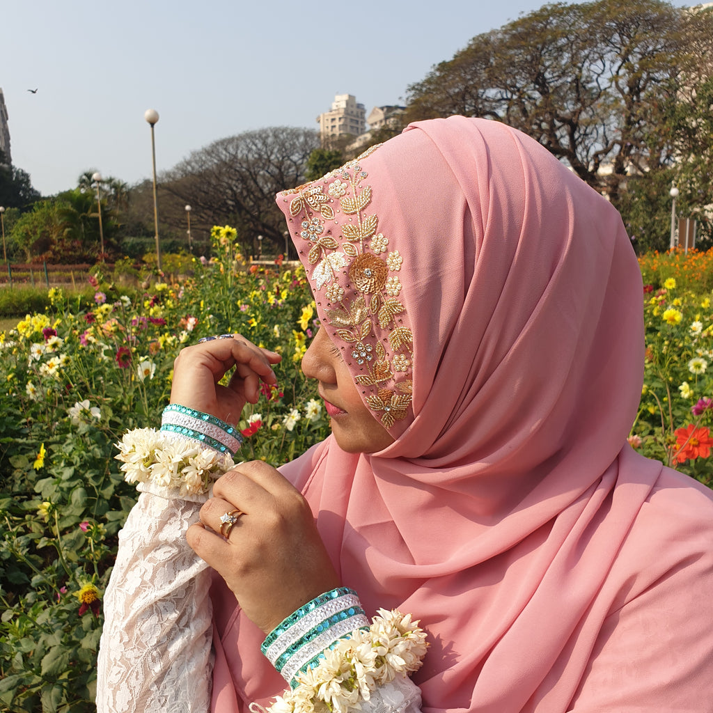 Blush Pink Floral Embroidered Hijab | Tawazau