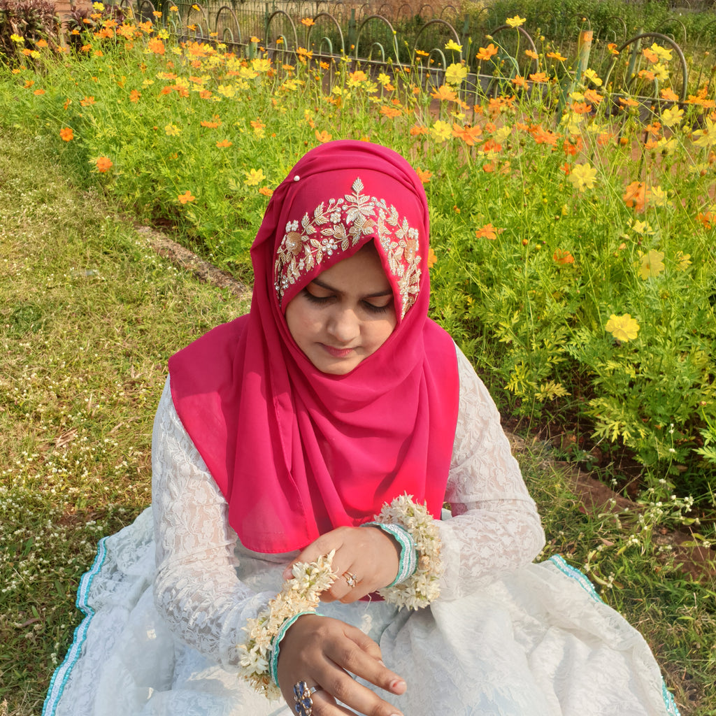 Luxury Ruby Pink Embroidered Georgette Hijab | Tawazau