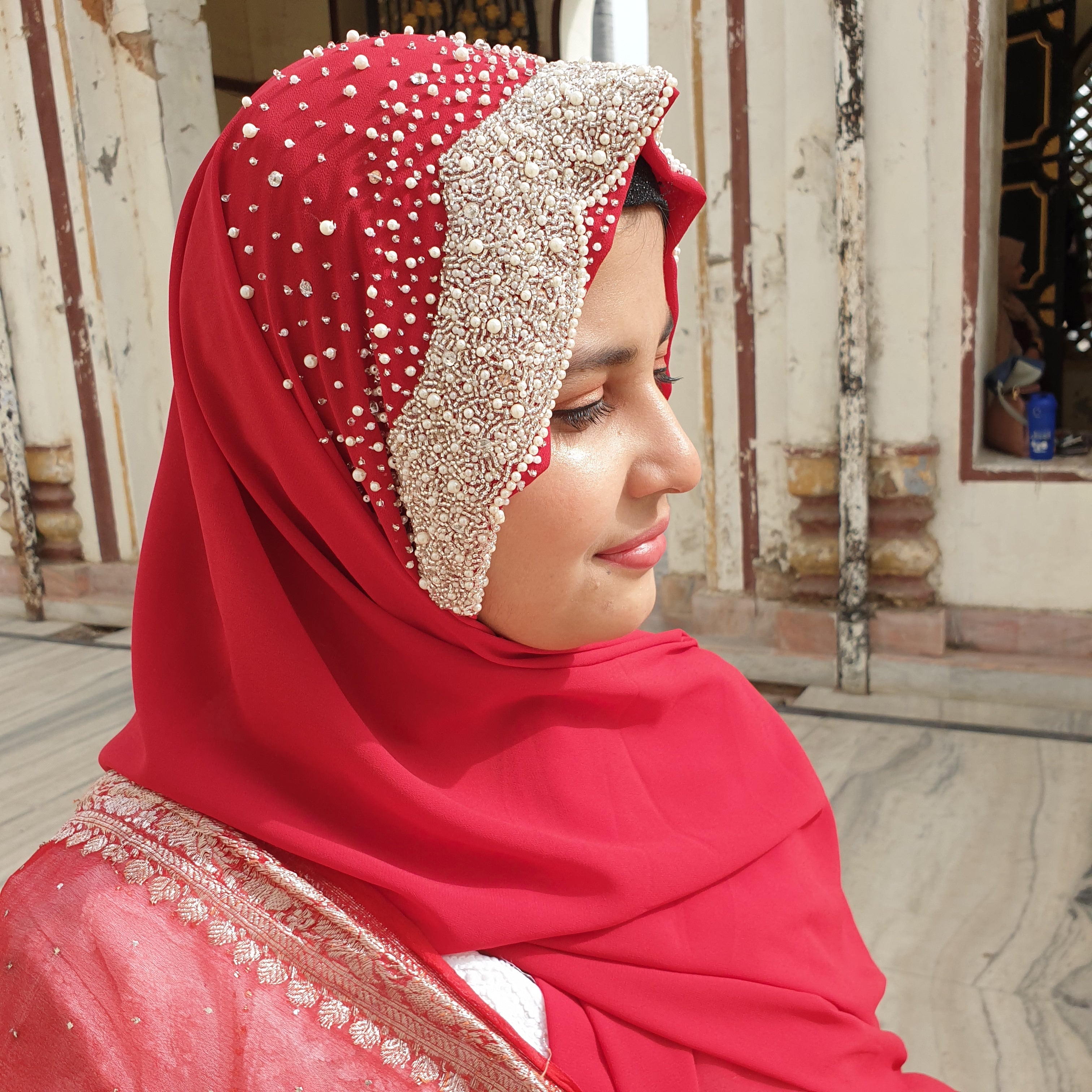 Ruby Red Pearl Embellished Georgette Hijab | Tawazau