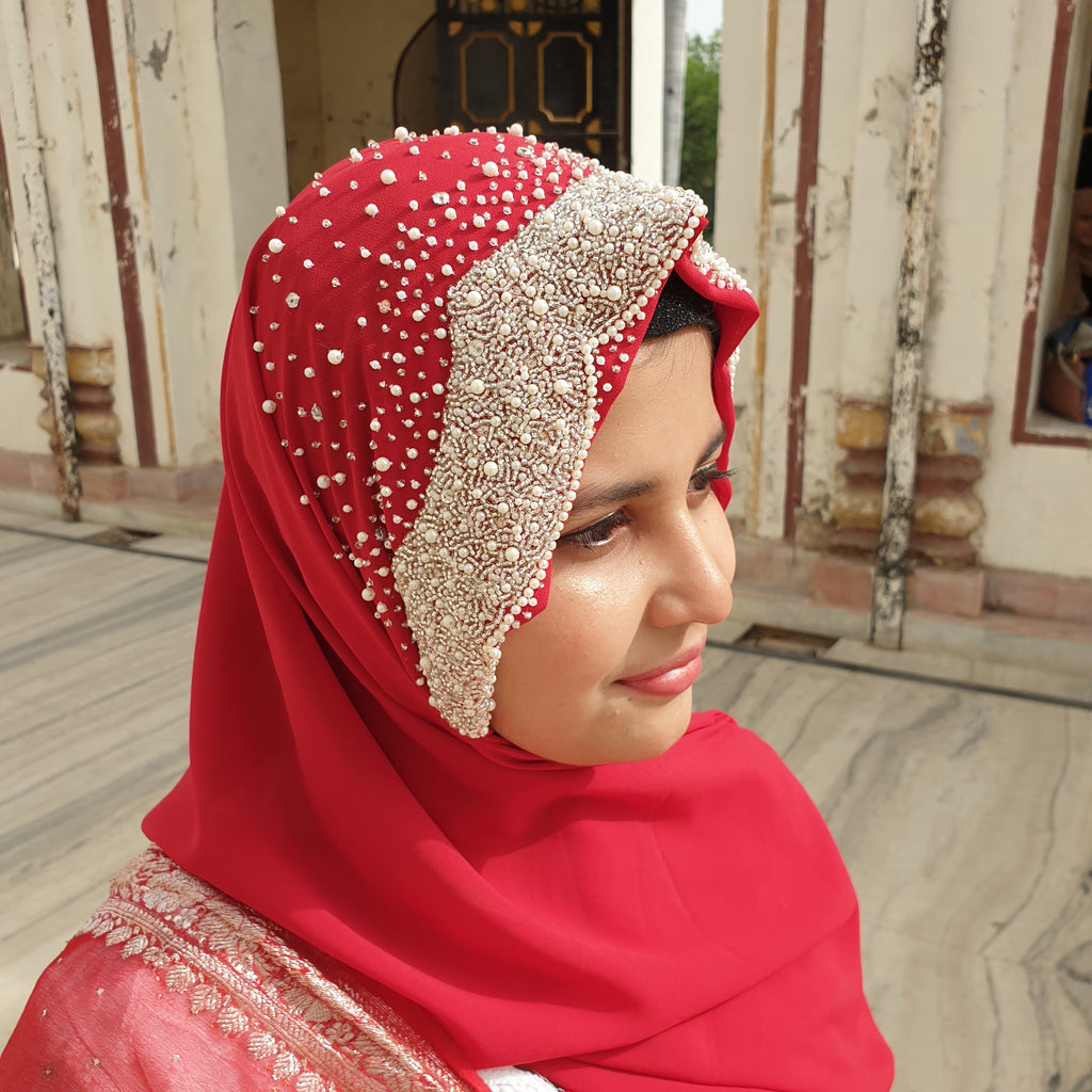 Ruby Red Pearl Embellished Georgette Hijab | Tawazau