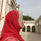 Ruby Red Pearl Embellished Georgette Hijab | Tawazau