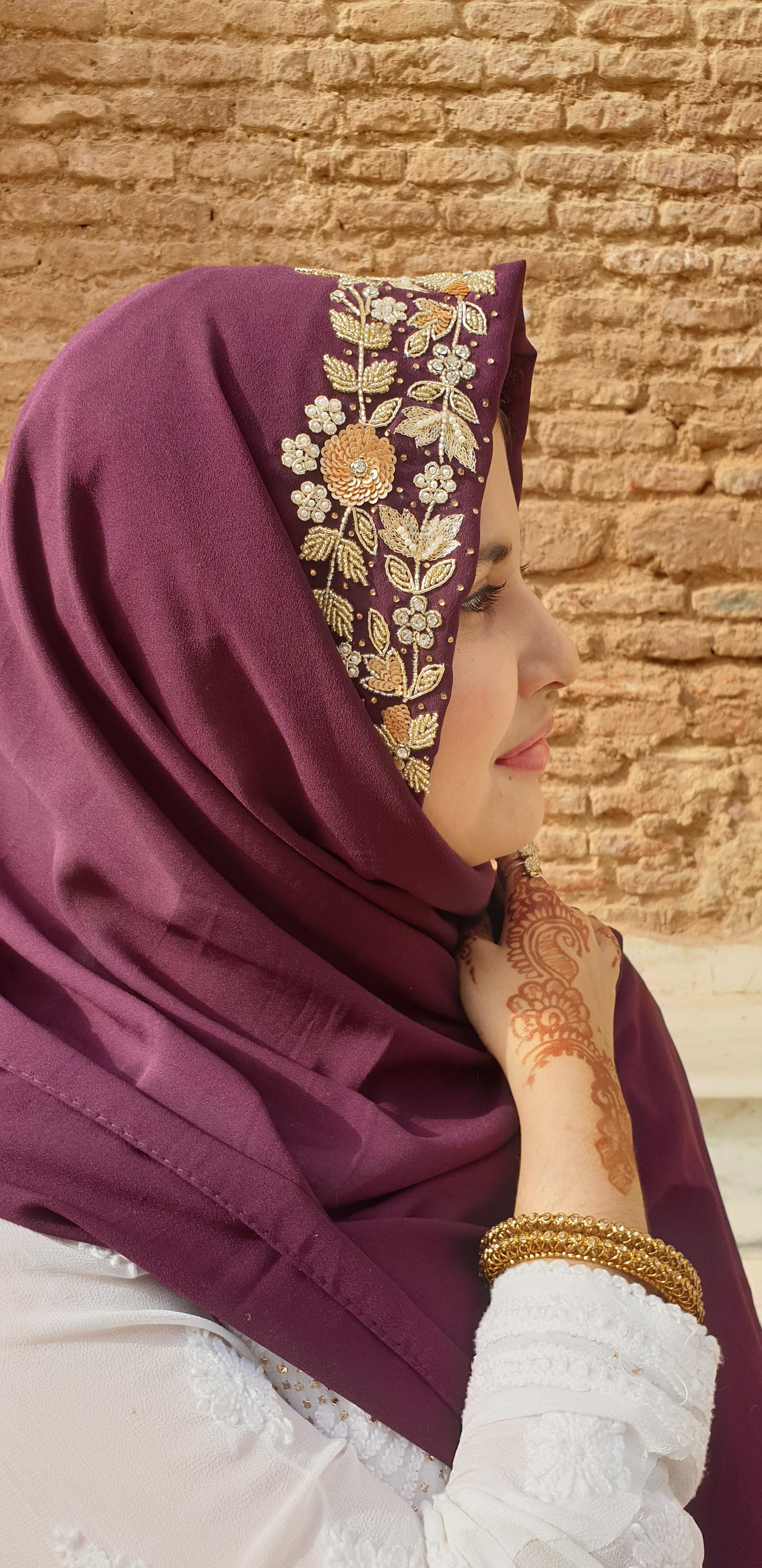 Luxury Wine Embroidered Georgette Hijab | Tawazau
