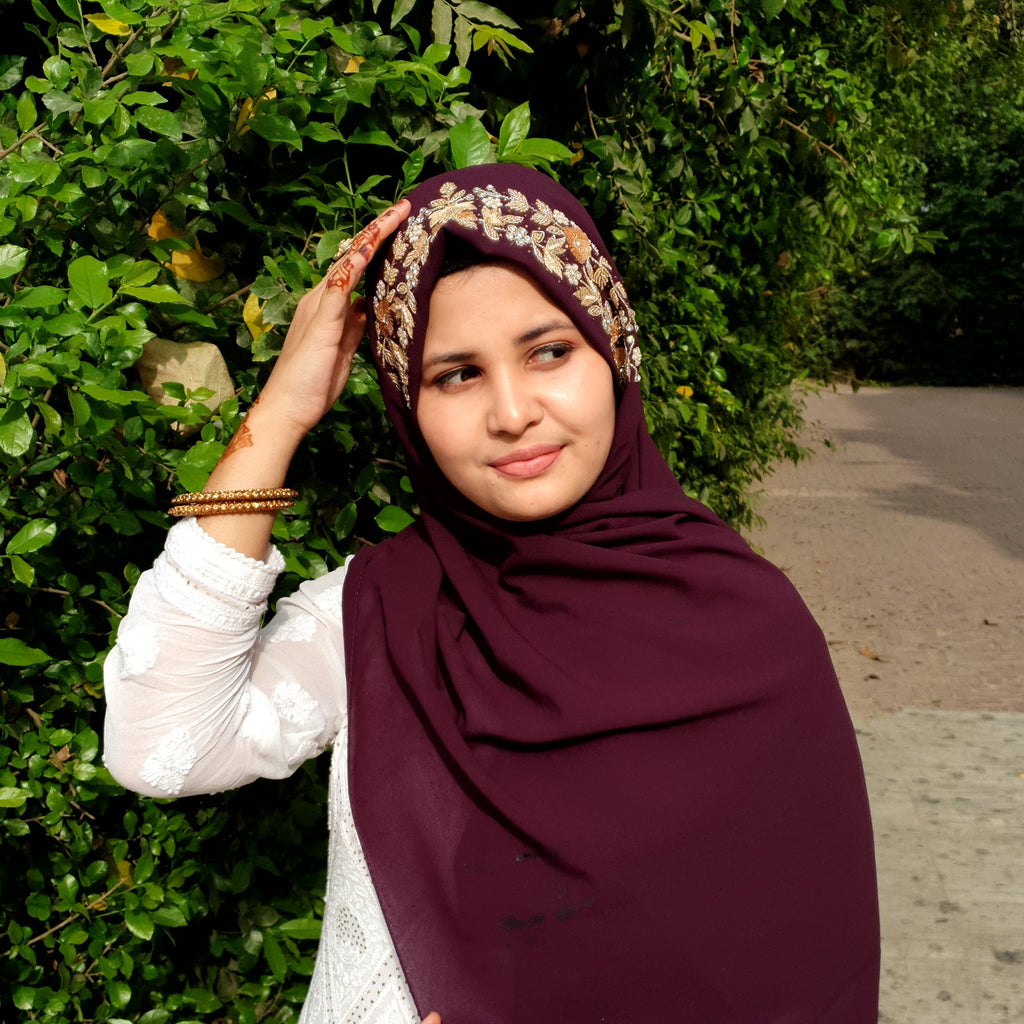 Luxury Wine Embroidered Georgette Hijab | Tawazau