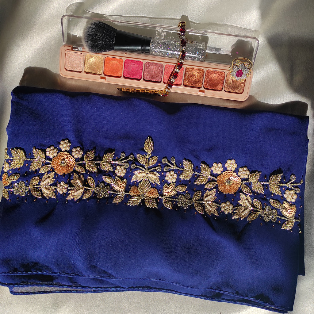 Royal Blue Embroidered Hijab | Tawazau