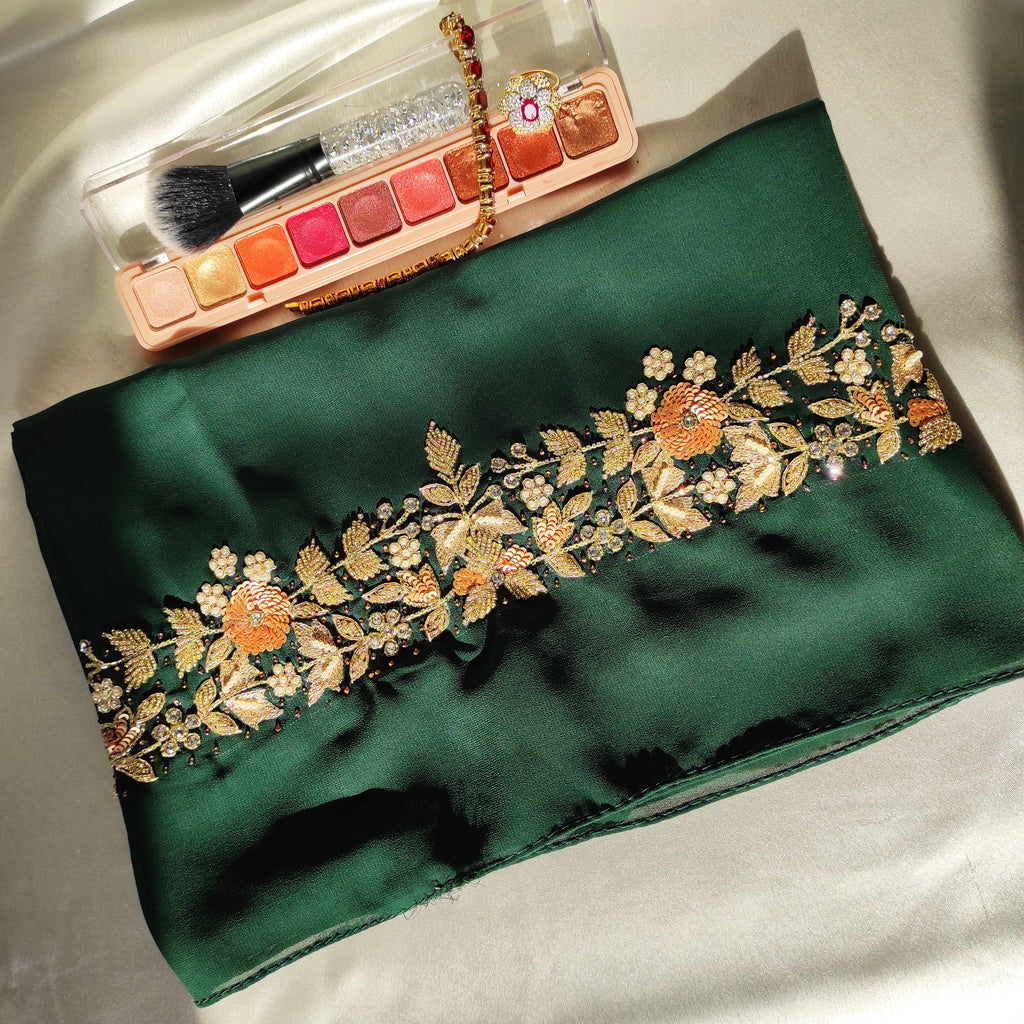 Limited Emerald Green Handcrafted Floral Hijab | Tawazau