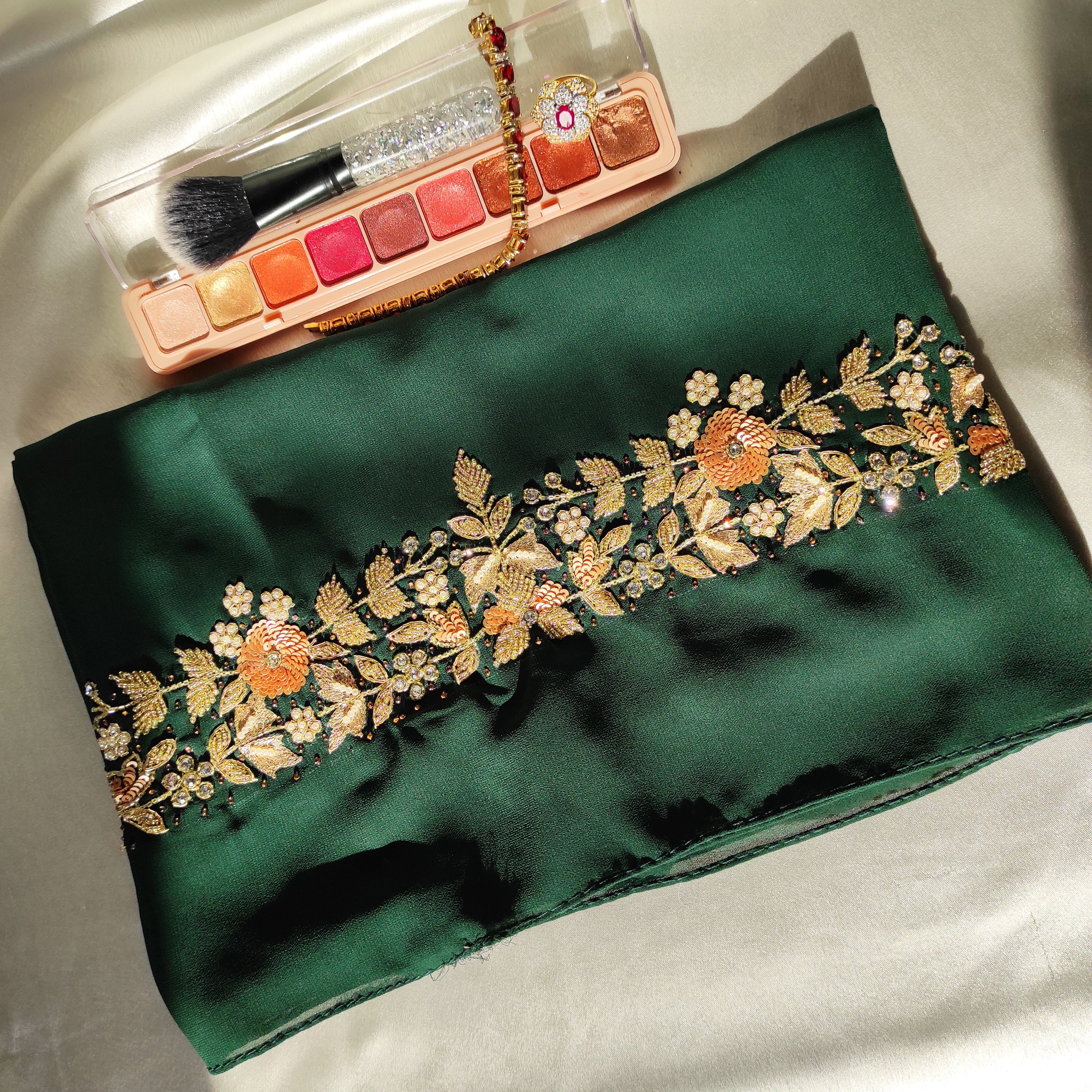 Limited Emerald Green Handcrafted Floral Hijab | Tawazau