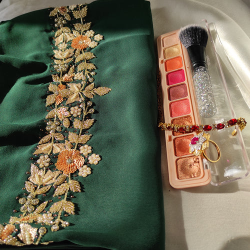 Bottle Green Handcrafted Floral Hijab | Tawazau