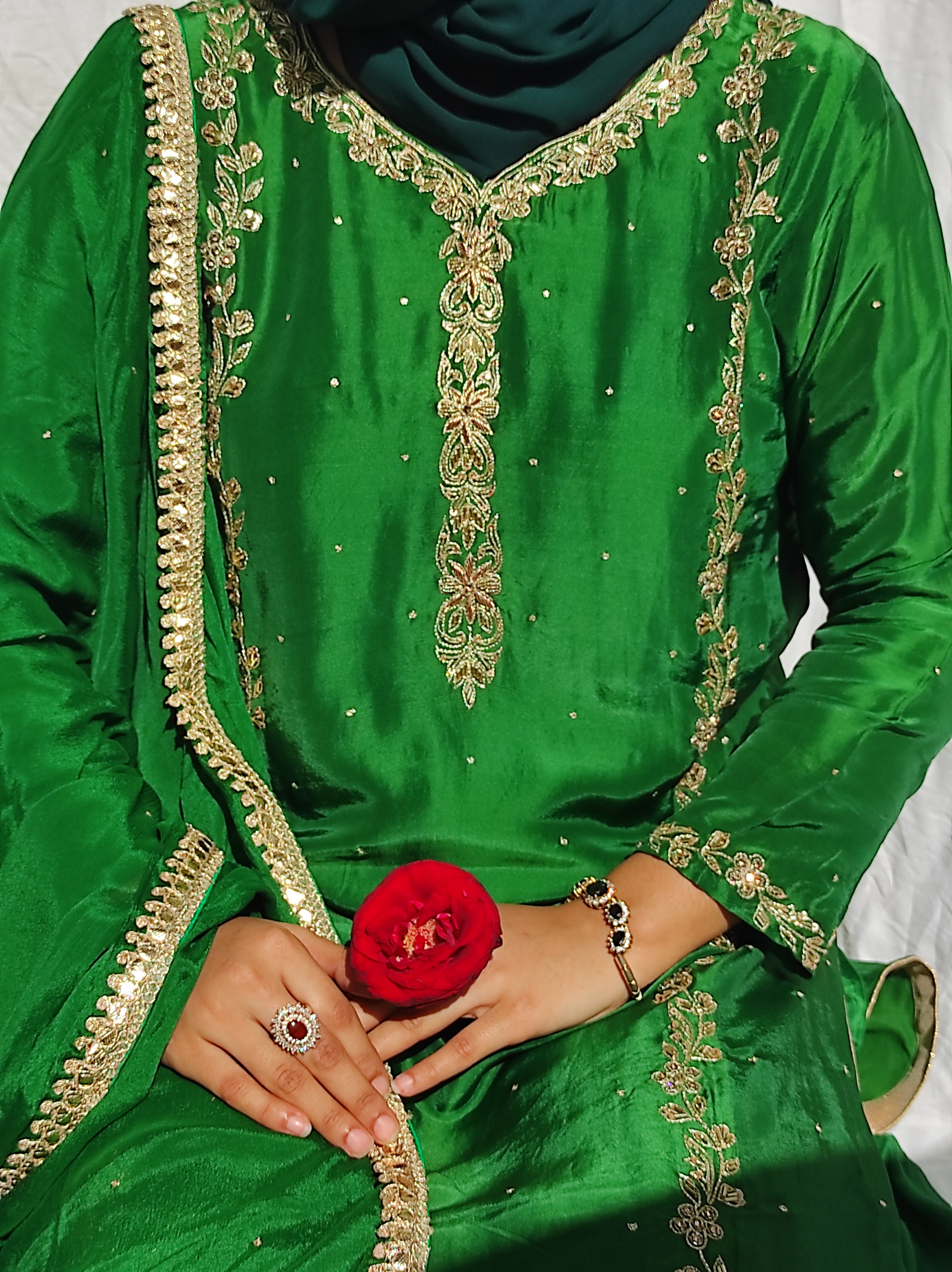 Emerald Green Handcrafted Embroidered Dress Set