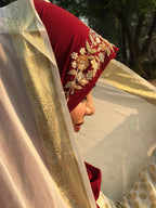 Luxury Majestic Maroon Floral Embroidered Georgette Hijab | Tawazau