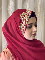 Crimson Red Floral Embroidered Hijab | Tawazau