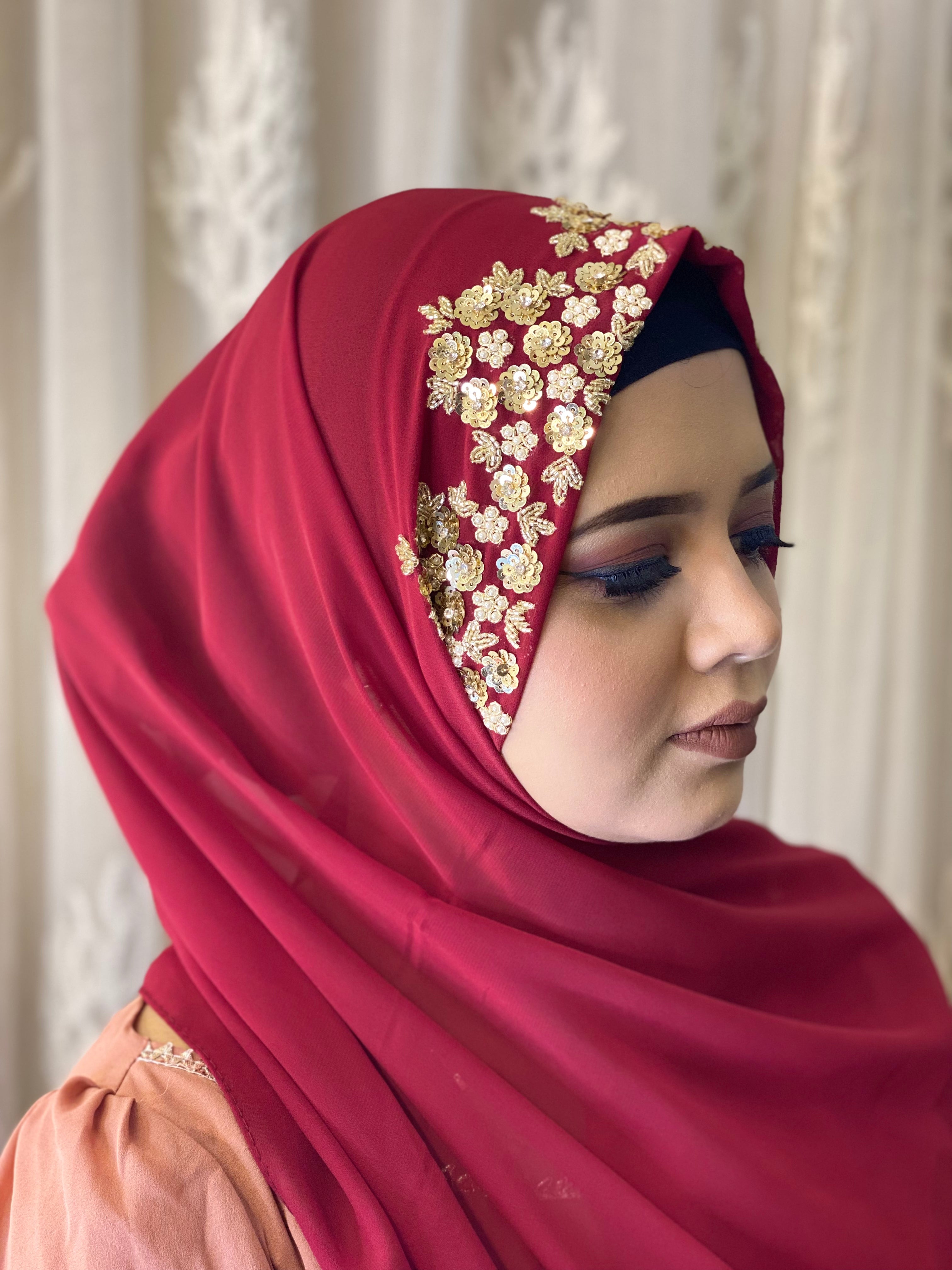 Crimson Red Floral Embroidered Hijab | Tawazau