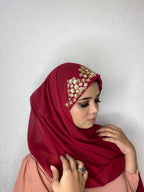 Crimson Red Floral Embroidered Hijab | Tawazau