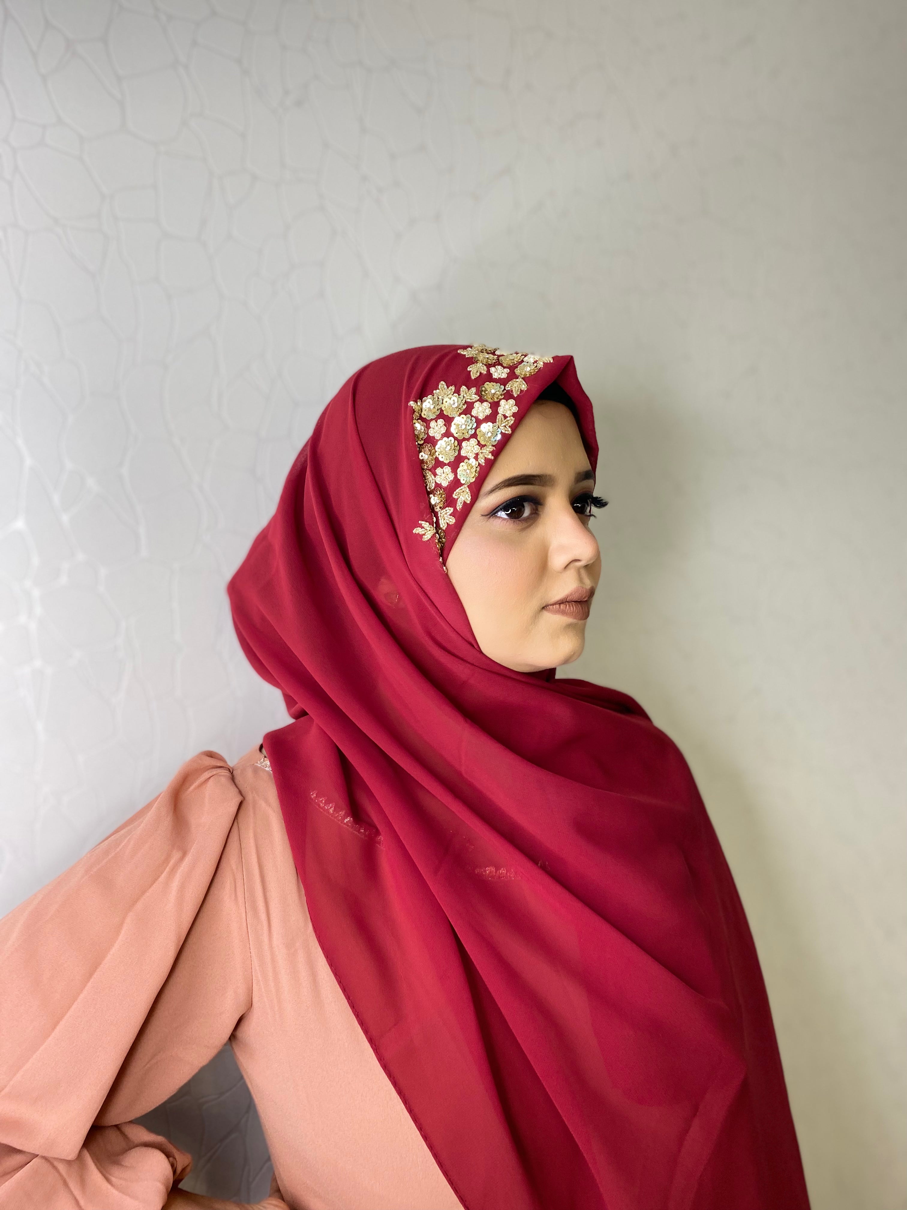 Crimson Red Floral Embroidered Hijab | Tawazau