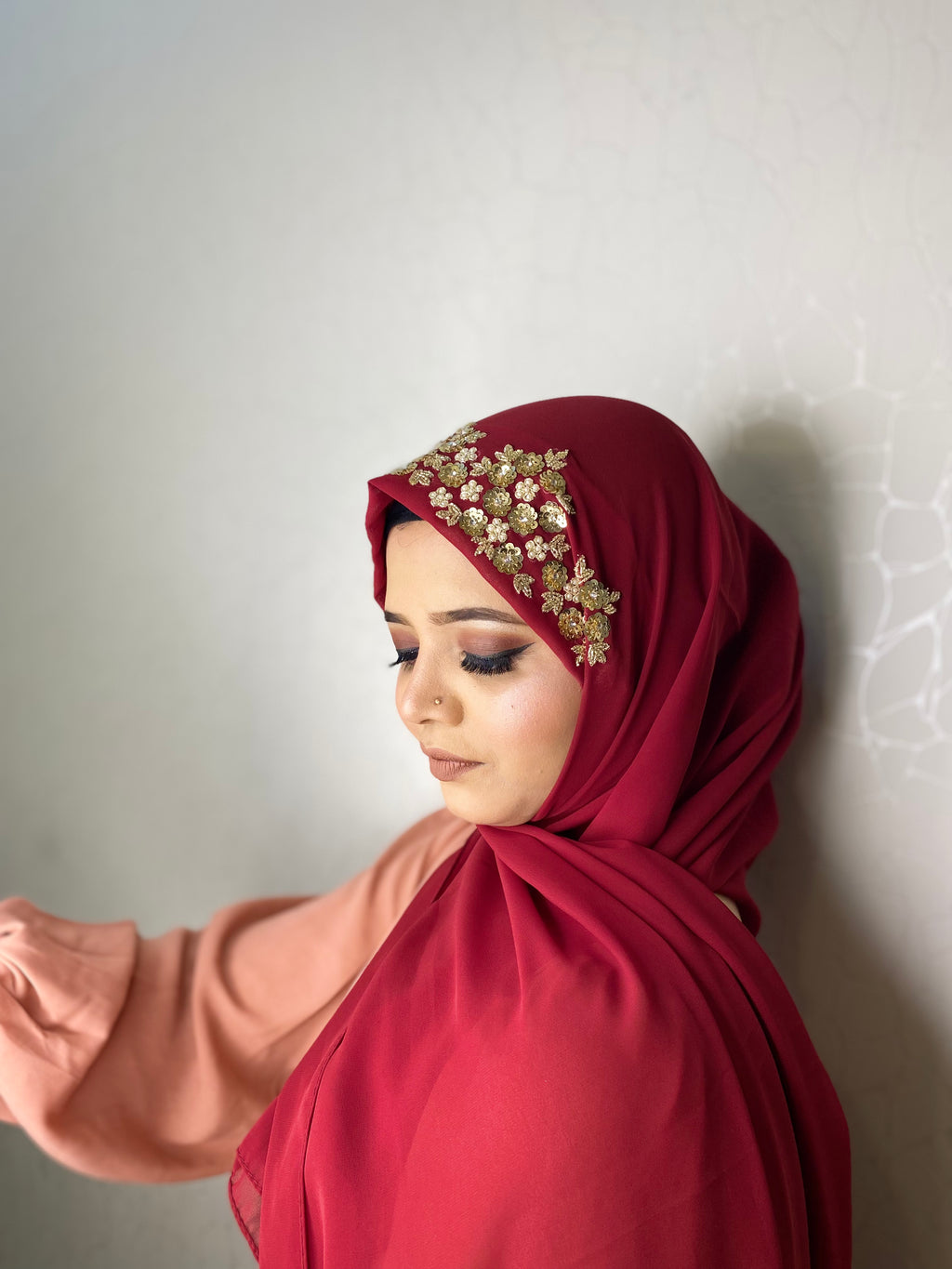 Crimson Red Floral Embroidered Hijab | Tawazau