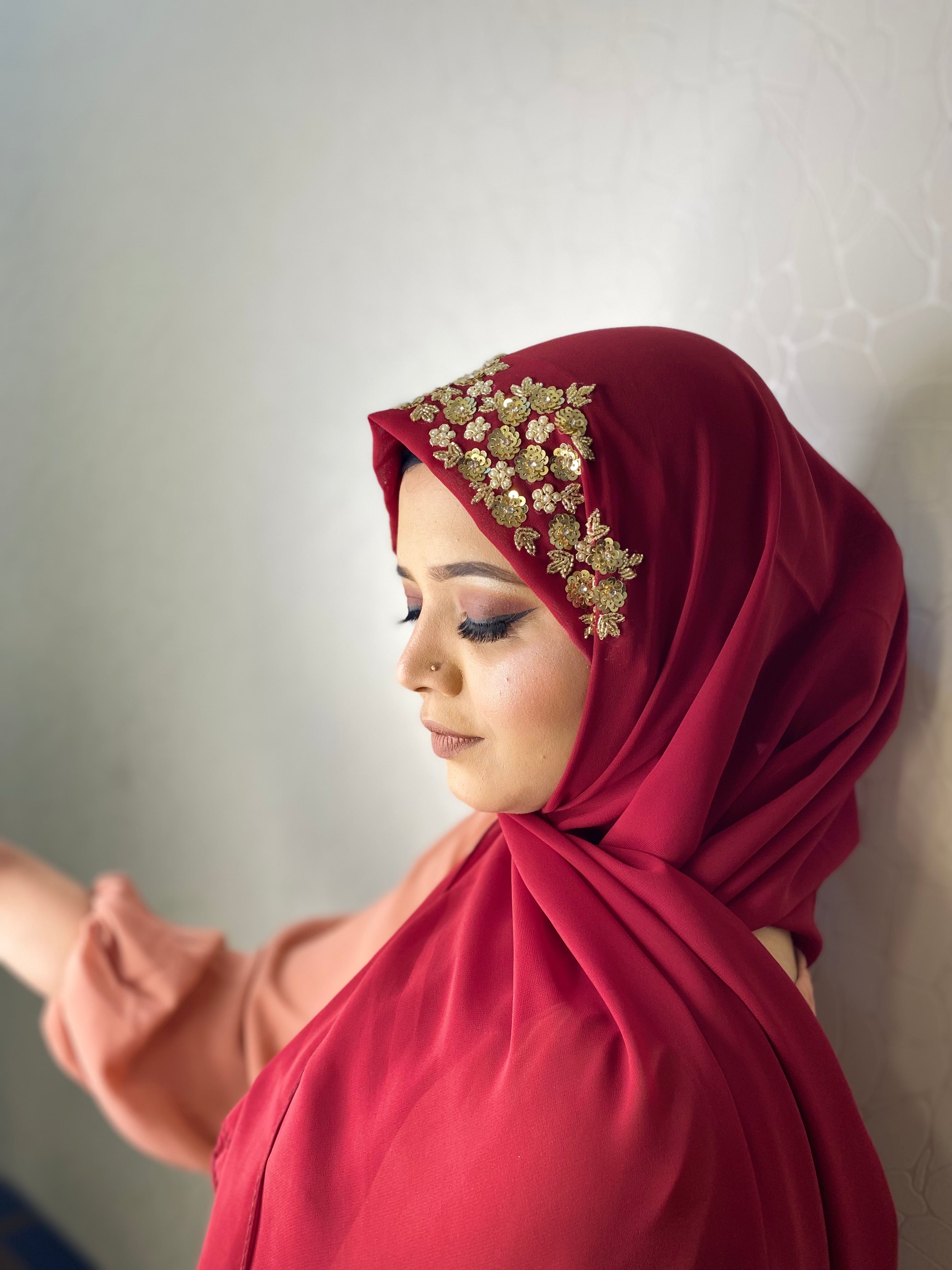 Crimson Red Floral Embroidered Hijab | Tawazau