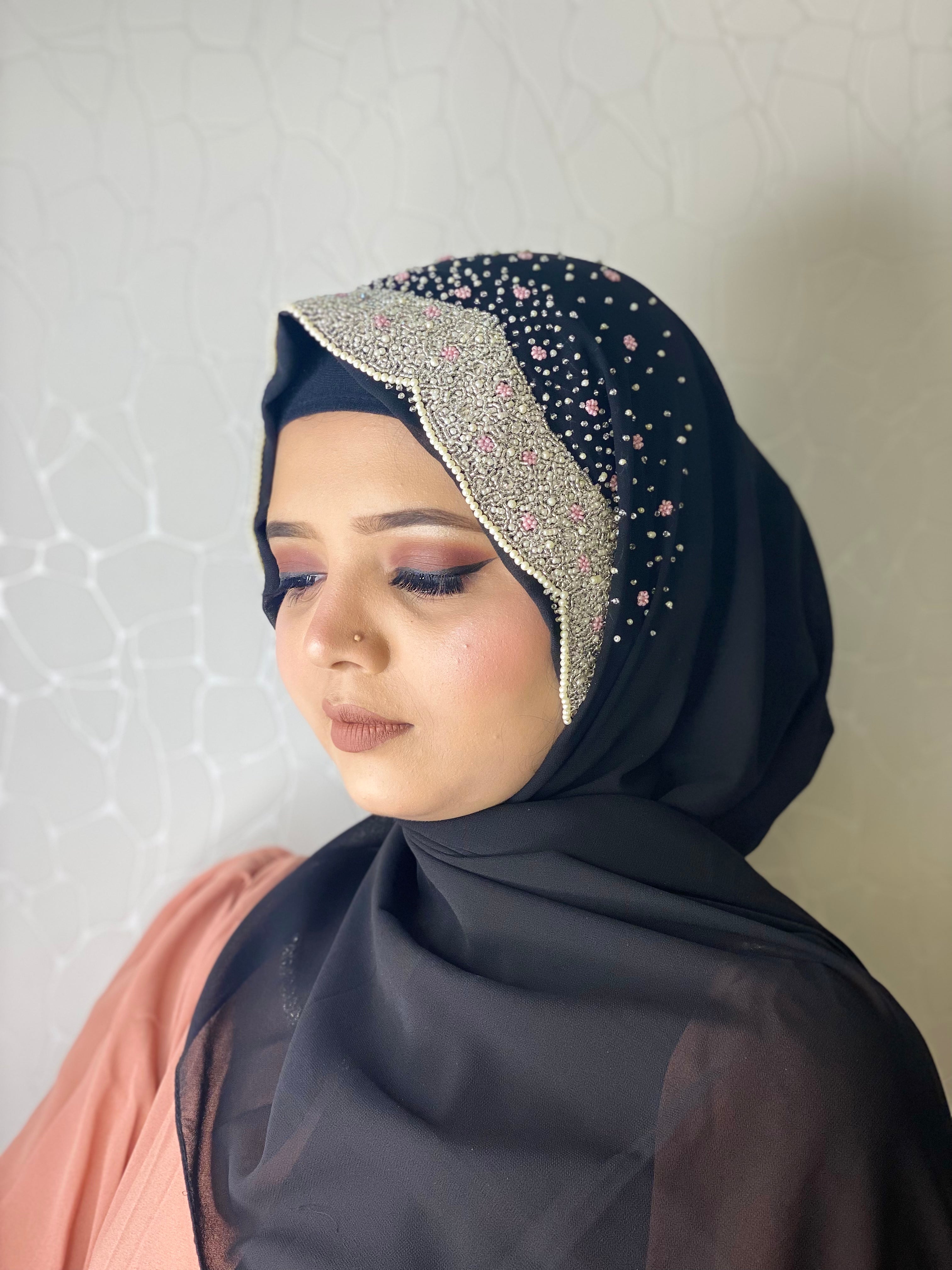 Midnight Black Pearl Embellished Hijab | Tawazau