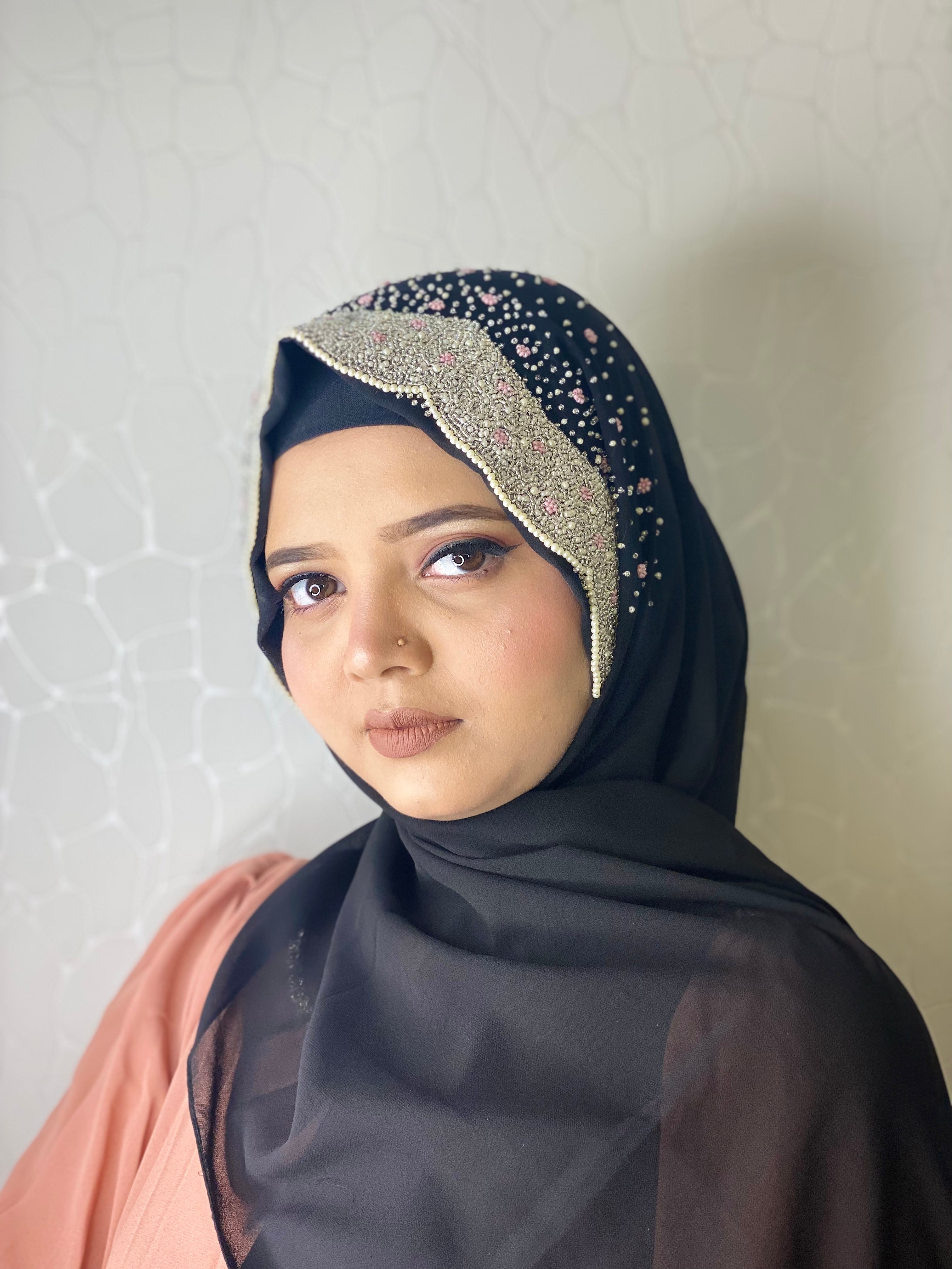 Midnight Black Pearl Embellished Hijab | Tawazau