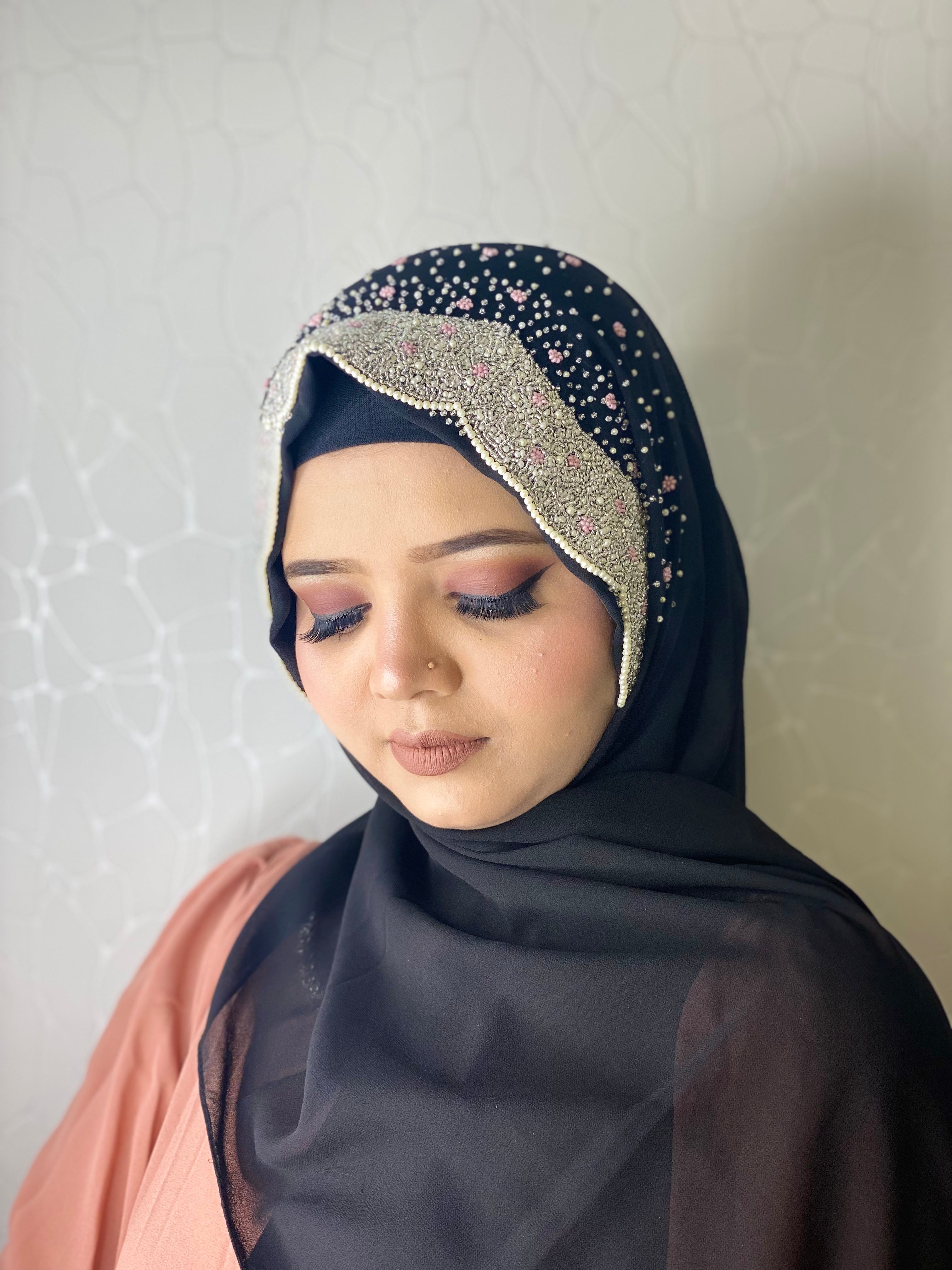 Midnight Black Pearl Embellished Hijab | Tawazau