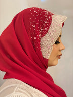 Ruby Red Pearl Embellished Georgette Hijab | Tawazau