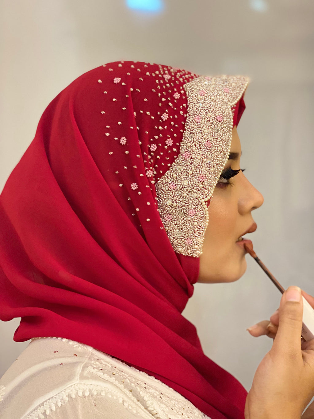 Ruby Red Pearl Embellished Georgette Hijab | Tawazau