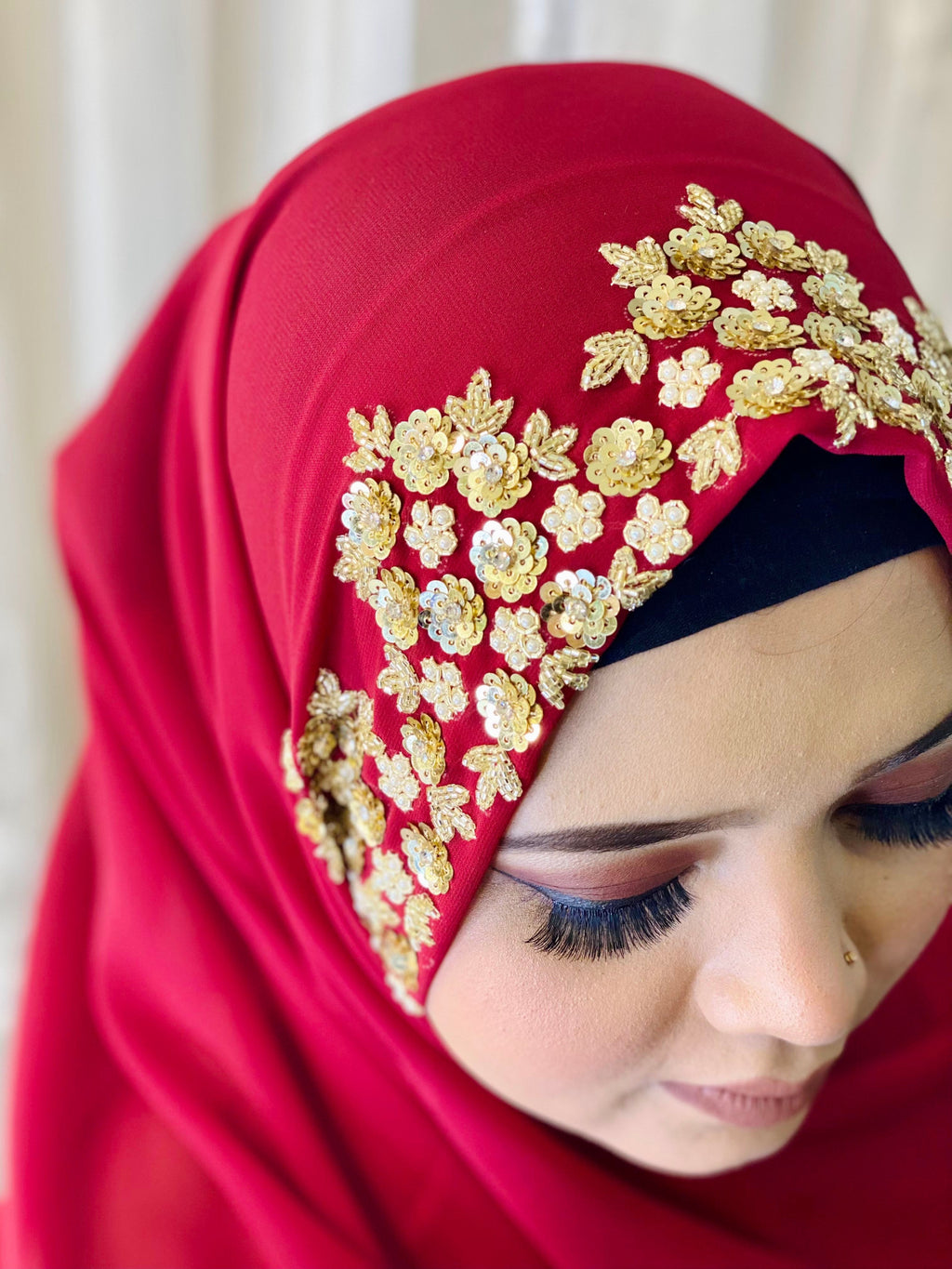 Crimson Red Floral Embroidered Hijab | Tawazau
