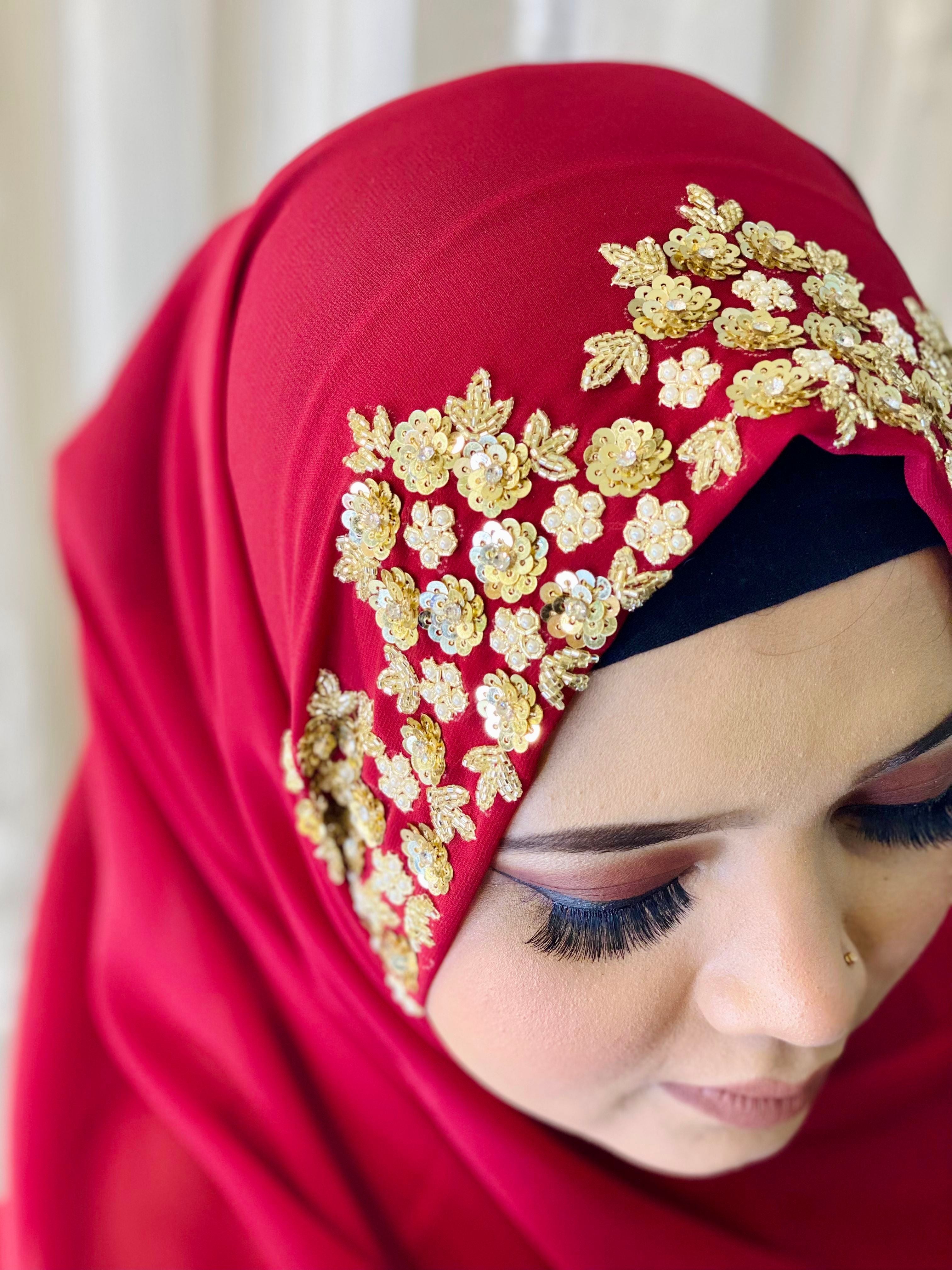 Crimson Red Floral Embroidered Hijab | Tawazau