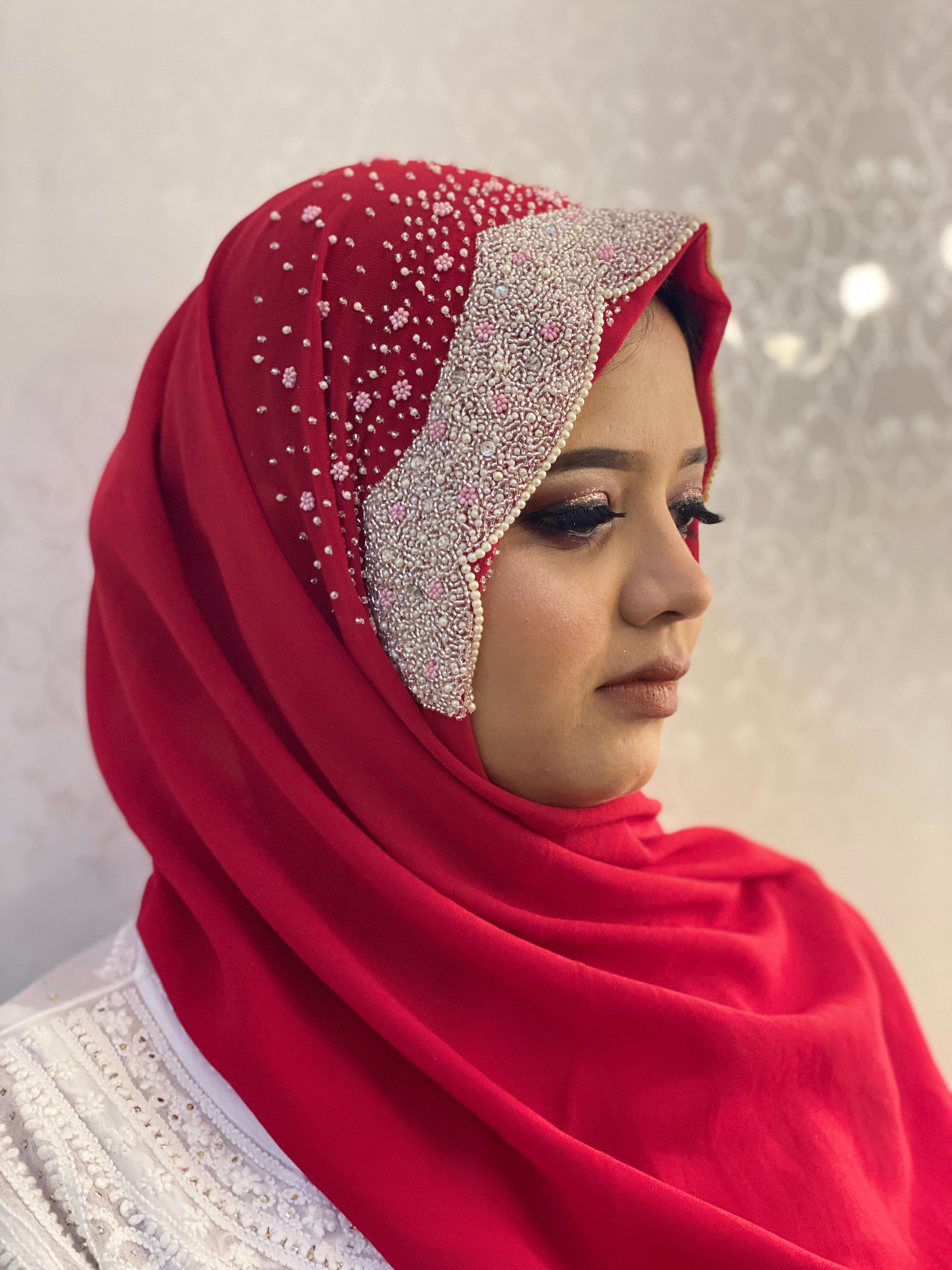 Ruby Red Pearl Embellished Georgette Hijab | Tawazau