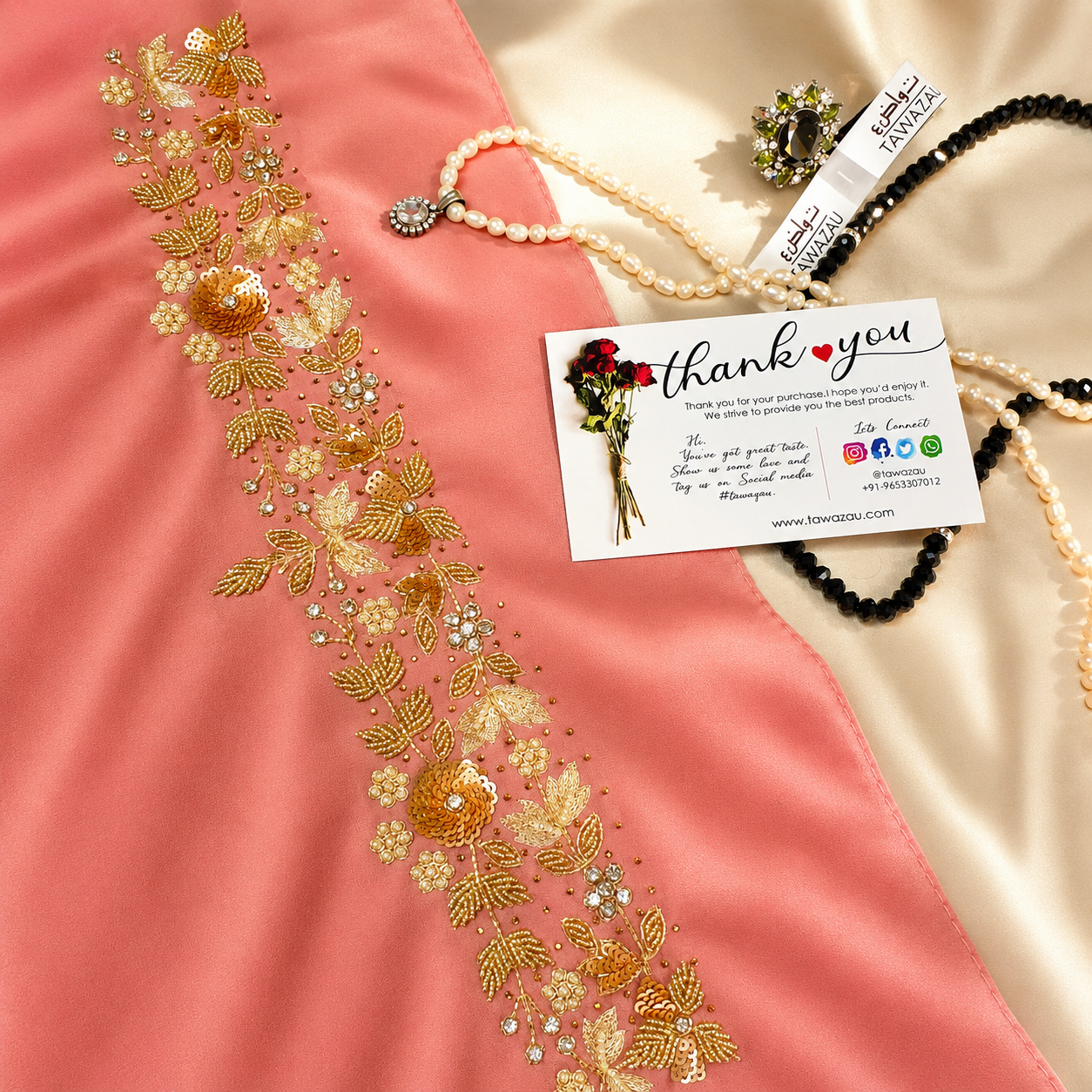 Blush Pink Floral Embroidered Hijab | Tawazau